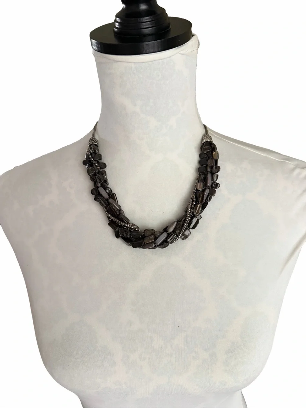 Coldwater Creek Multi Strand Gray Beaded Statement Necklace Silver Tone